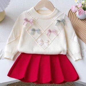 Cream Sweater with Red Skirt